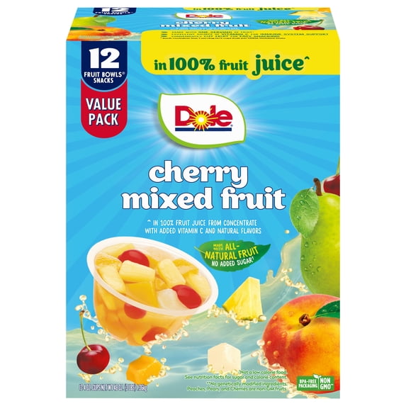 Dole Fruit Bowls Cherry Mixed Fruit in 100% Fruit Juice, 4 oz Cups (12 Pack)