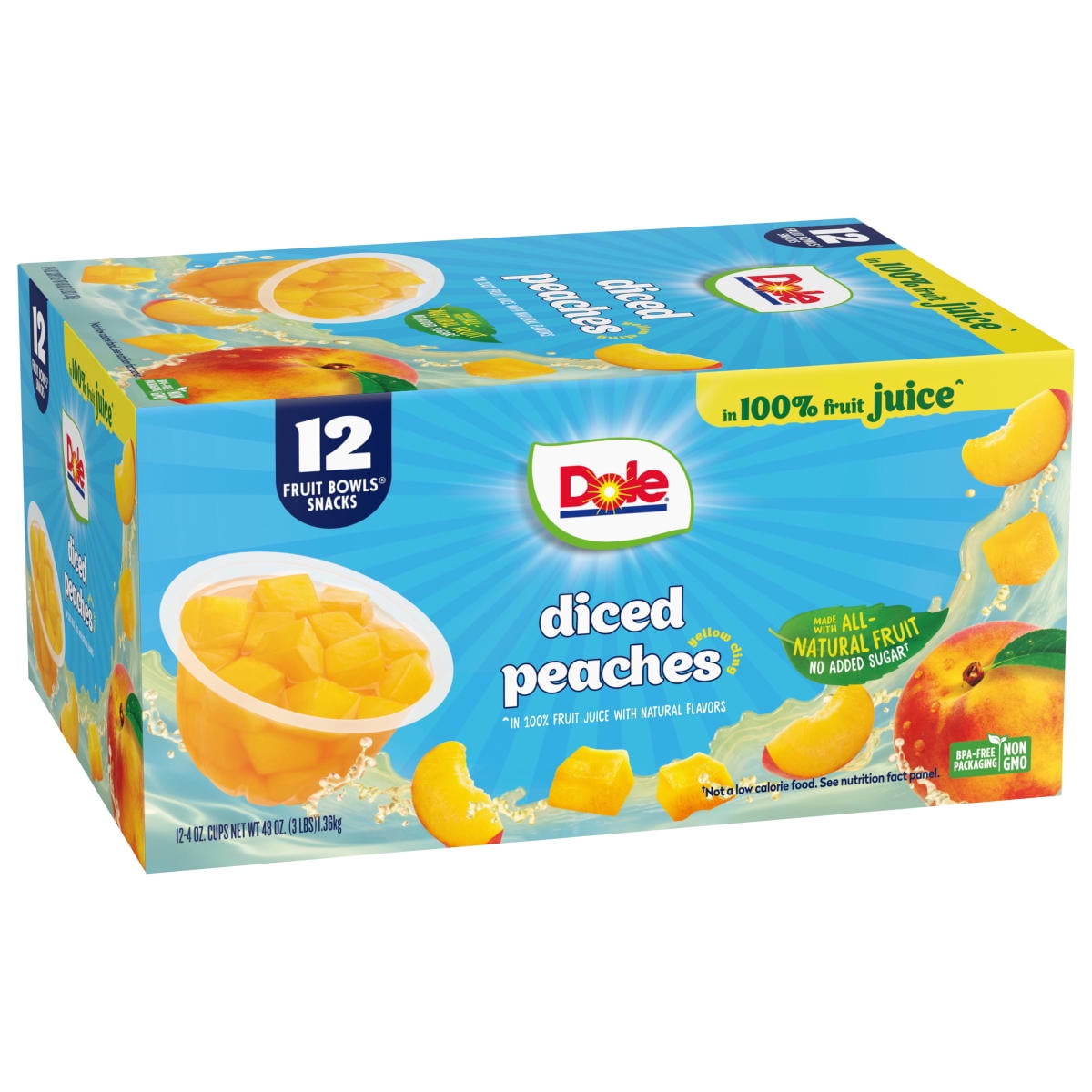 Dole Fruit Bowls Diced Peaches in 100% Fruit Juice, 4 oz Cups (12 Pack)