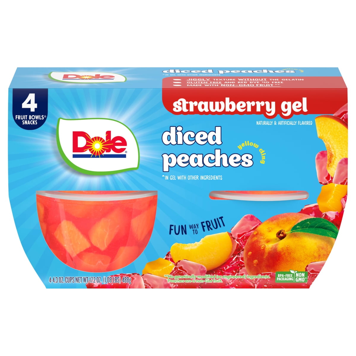 Dole Fruit Bowls Diced Peaches in Strawberry Gel, 4.3 oz Cups (4 Pack)