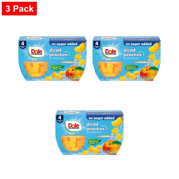 Dole Fruit Bowls Diced Peaches with No Sugar Added Cups 4 ct / 4 oz - 3 Pack