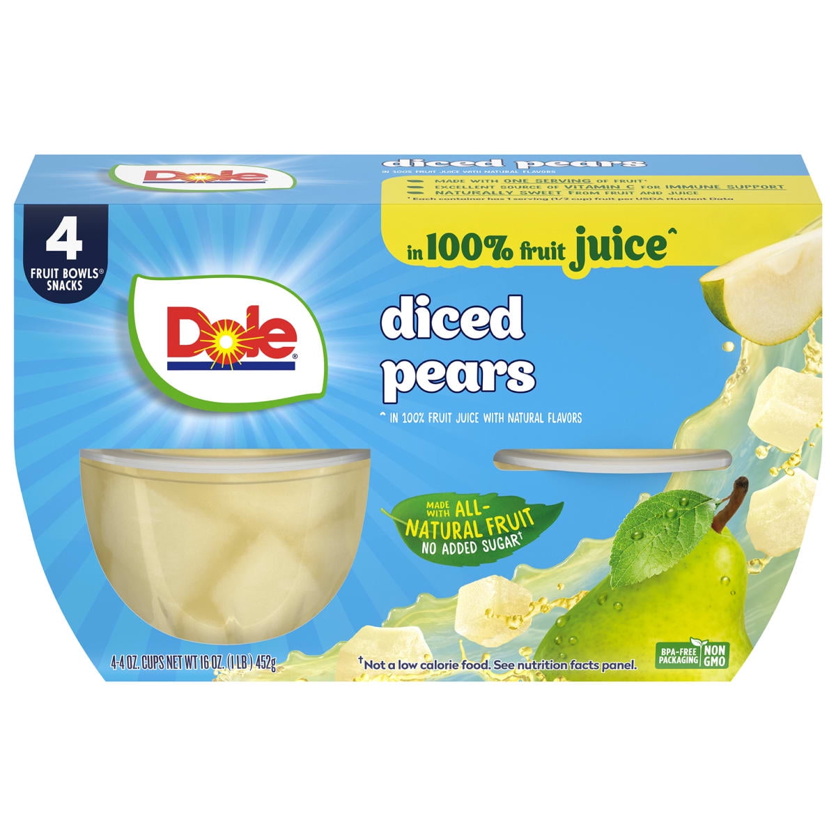 Dole Fruit Bowls Diced Pears in 100% Fruit Juice, 4 oz Cups (4 Pack)