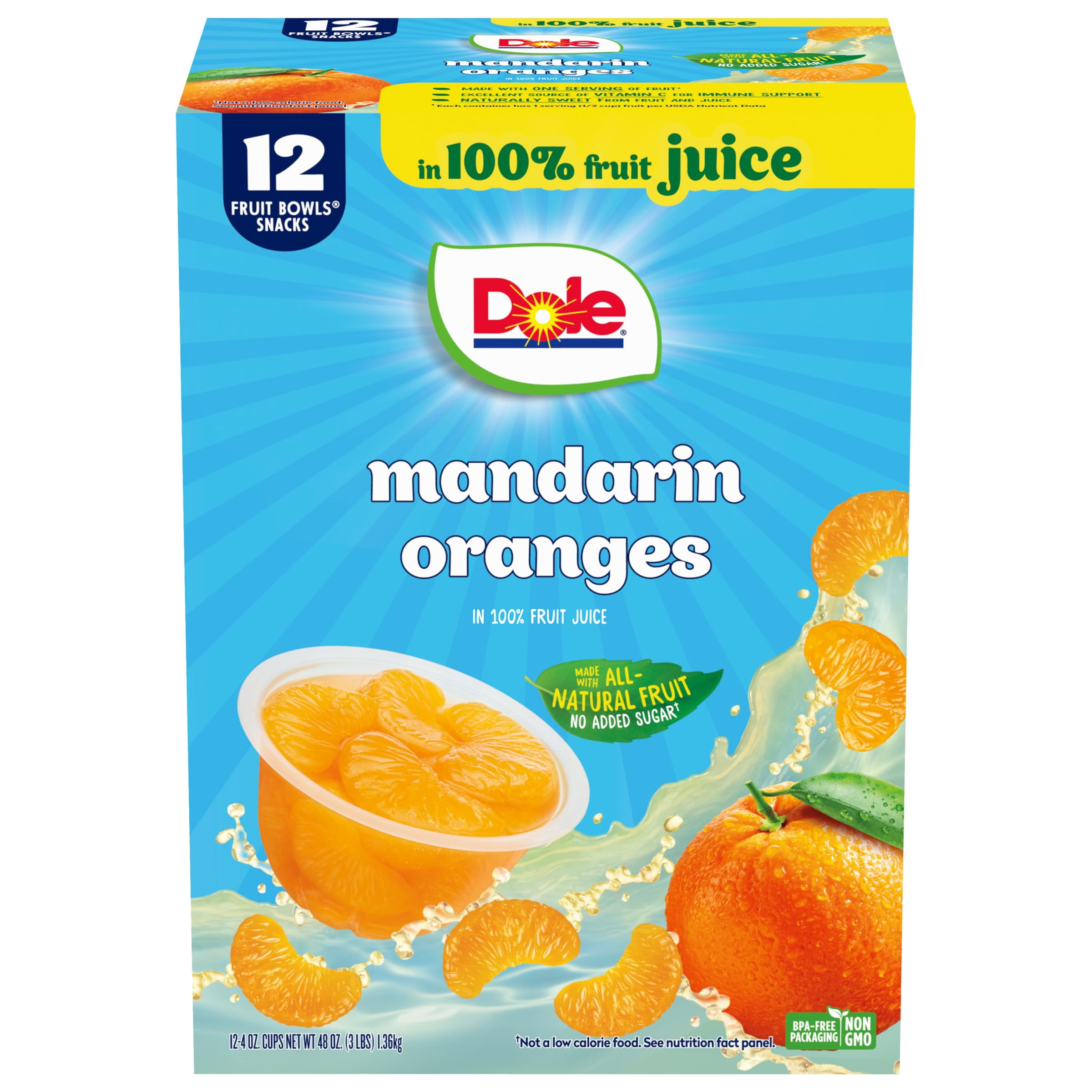 Dole Fruit Bowls Mandarin Oranges In 100% Juice Snacks, 4Oz 12 Total Cups, Gluten & Dairy Free, Bulk Lunch Snacks For Kids & Adults