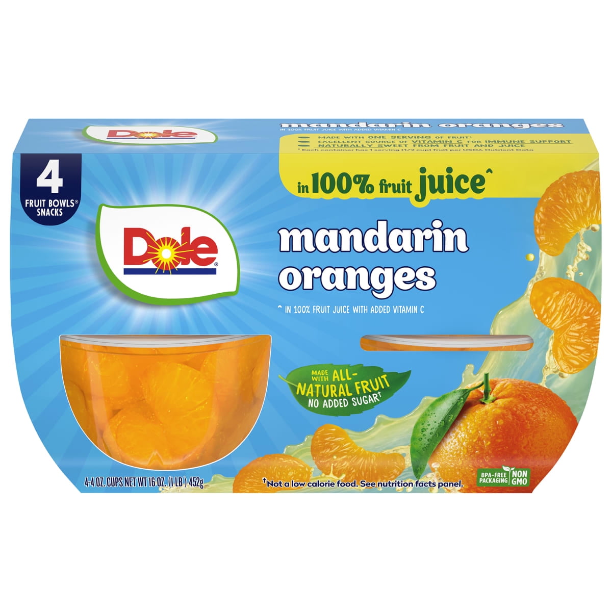 Dole Fruit Bowls Mandarin Oranges in 100% Fruit Juice, 4 oz Cups (4 Pack)
