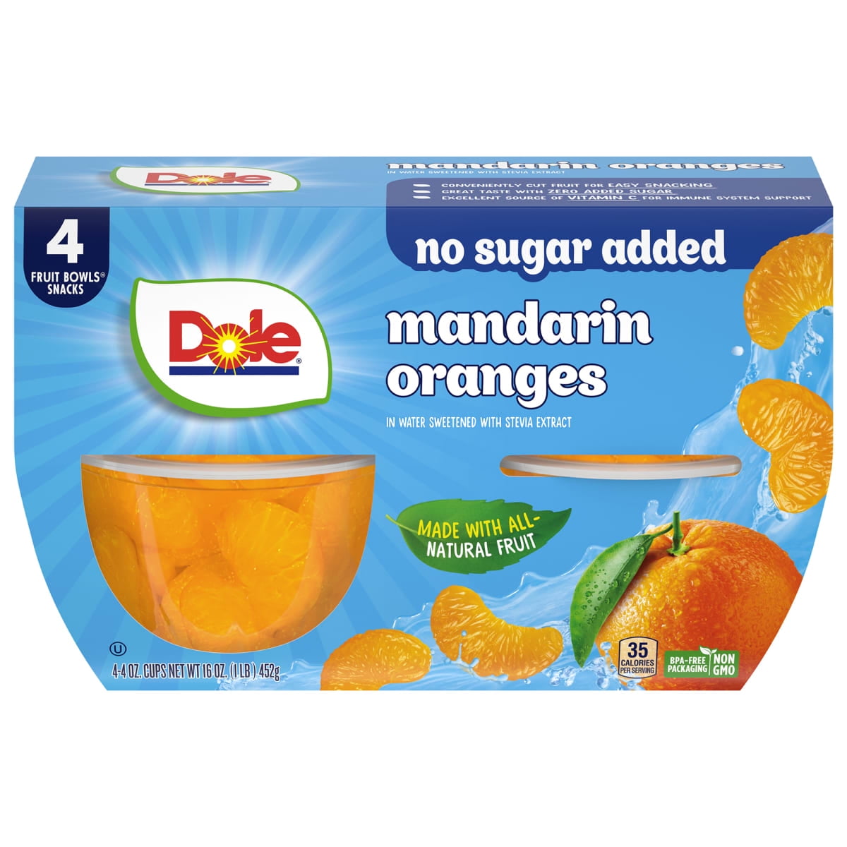 Dole Fruit Bowls No Sugar Added Mandarin Oranges in Water, 4 oz Cups (4 Pack)