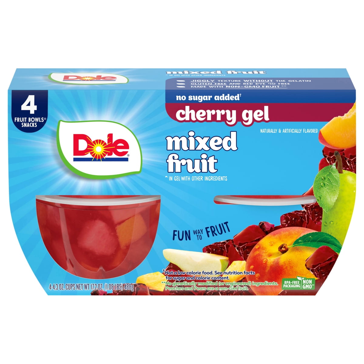 Dole Fruit Bowls No Sugar Added Mixed Fruit in Cherry Gel, 4.3 oz Cups (4 Pack)
