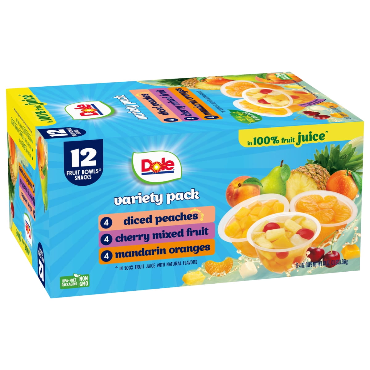 Dole Fruit Bowls Peaches, Mandarin Oranges, Cherry Mixed Fruit in 100% Fruit Juice, 4 oz (12 Pack)