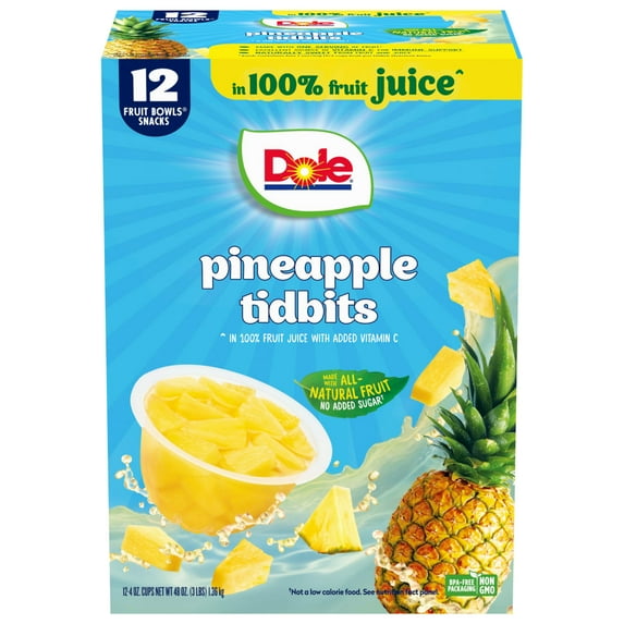 Dole Fruit Bowls Pineapple Paradise Tidbits in 100% Fruit Juice, 4 oz Cups (12 Pack)