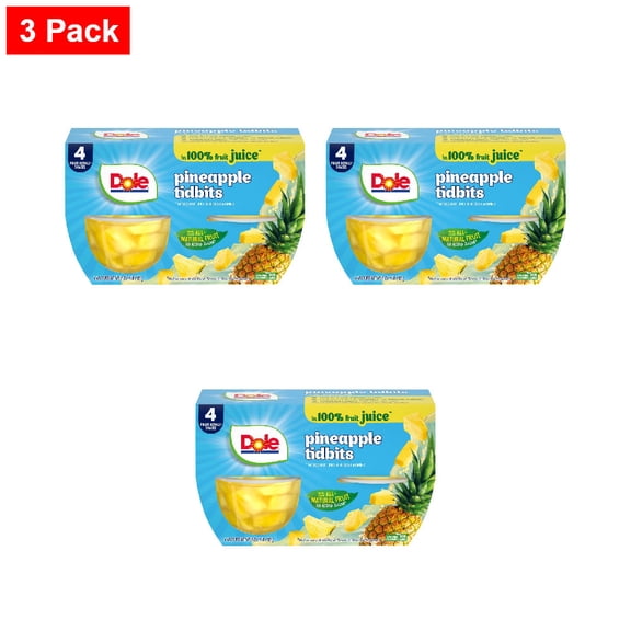 Dole Fruit Bowls Pineapple Tidbits In 100% Fruit Juice Cups 4 ct / 4 oz - 3 Pack