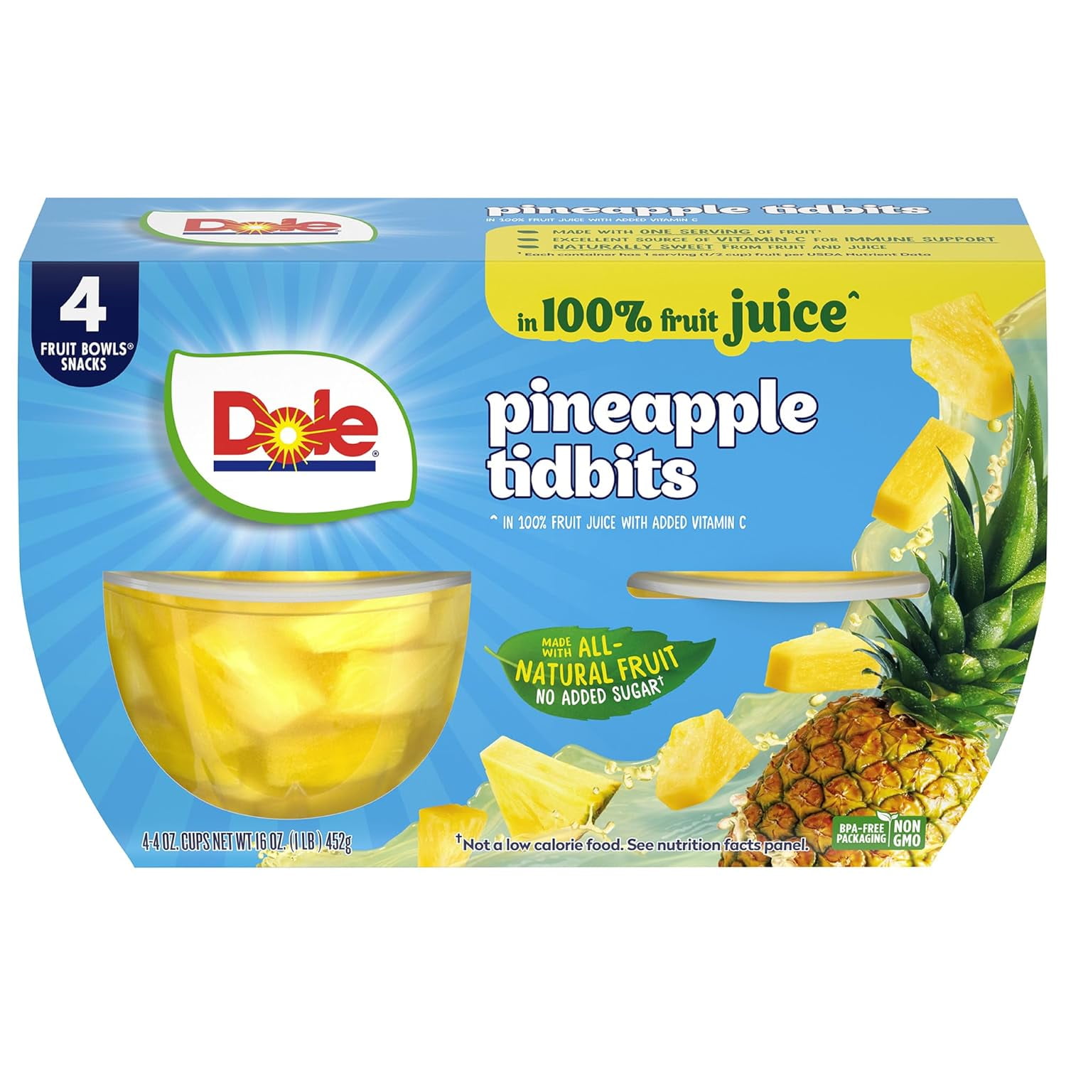 Dole Fruit Bowls Pineapple Tidbits in 100% Fruit Juice, 4 oz Cups (4 Pack)