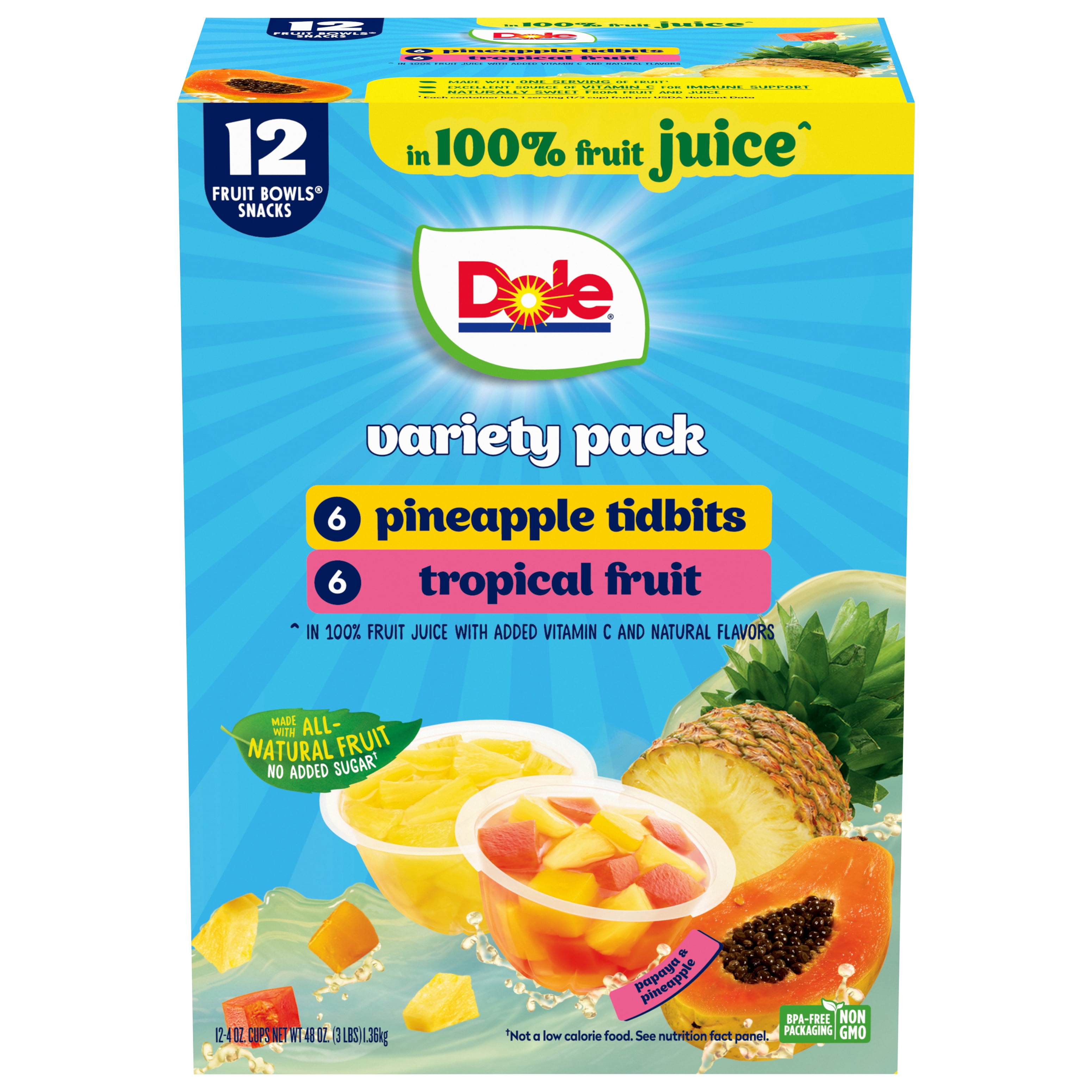 Dole Fruit Bowls Tropical Fruit and Pineapple Tidbits in 100% Fruit Juice, 4 oz Cups (12 Pack)