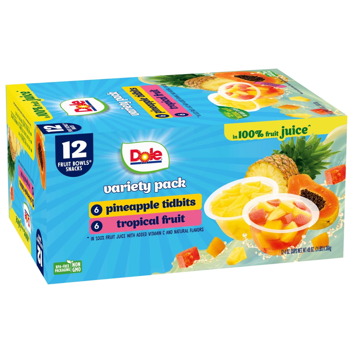 Dole Fruit Bowls Tropical Fruit and Pineapple Tidbits in 100% Fruit Juice, 4 oz Cups (12 Pack)