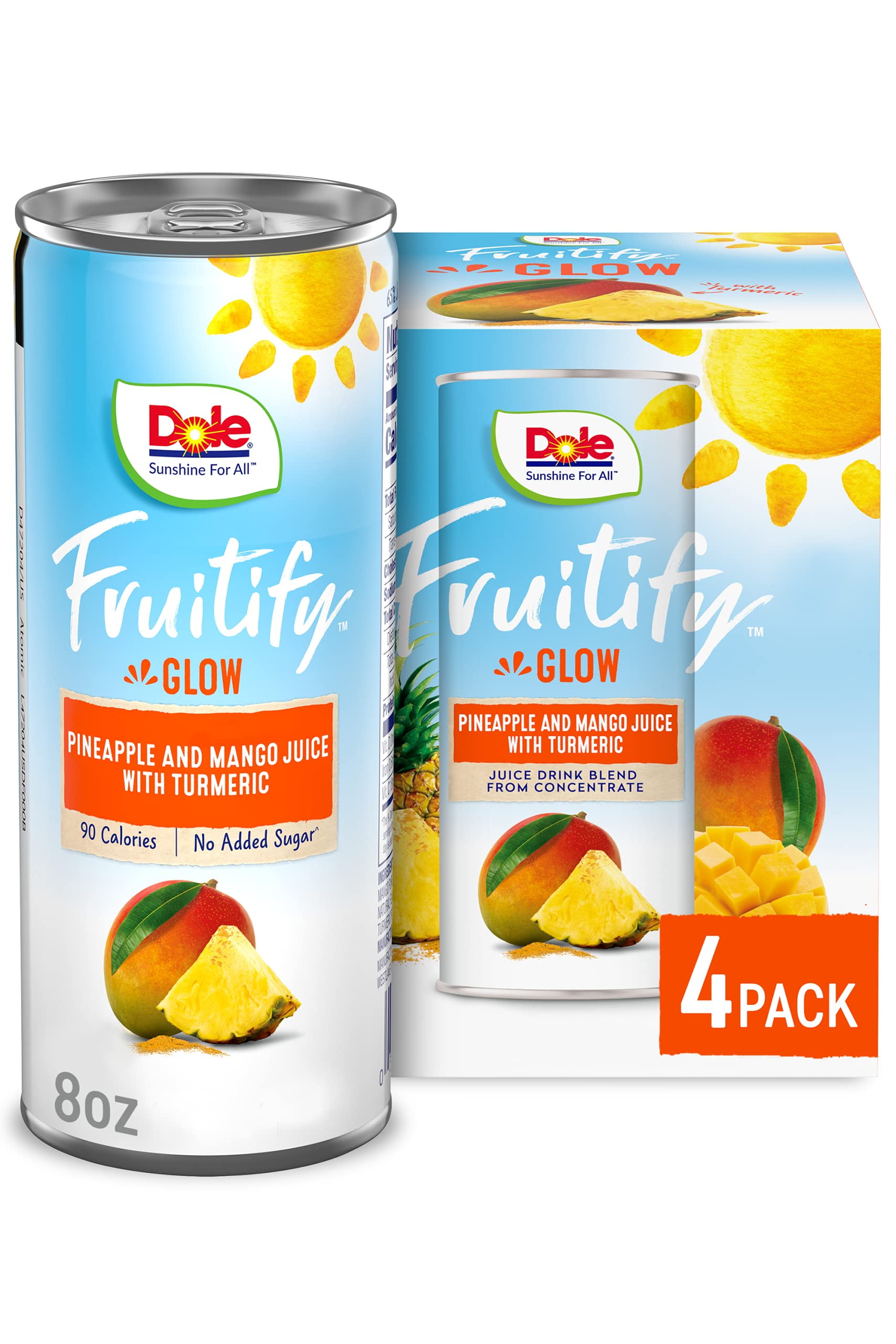 Dole Fruitify Glow, Pineapple & Mango Juice With Turmeric, 8 Oz, 4 Cans