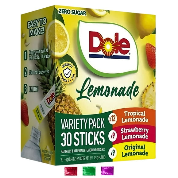Dole Lemonade Drink Mix Variety Pack 30 Sticks 1 Box, Zero Sugar Powdered Drink Mix with Tropical Strawberry Original Flavors, Vitamin C & Zinc w/ Snoep in Beperkte Oplage