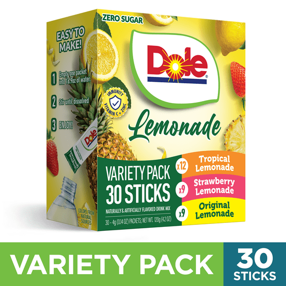 Dole Lemonade Variety Powder Mix, Tropical, Classic, & Strawberry, 30 Pack