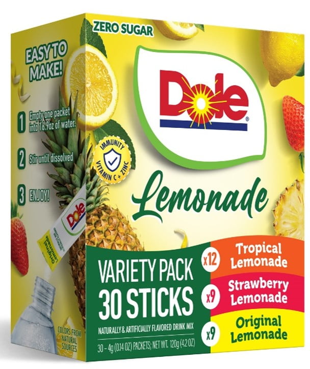 Dole Lemonade Variety Powder Mix, Tropical, Classic, & Strawberry, 30 Pack