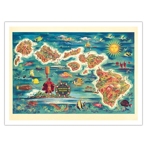 The Dole Map of the Hawaiian Islands - From the Hawaiian Pineapple Company - Vintage Pictorial Map by Joseph Fehér c.1950s - Bamboo Fine Art 290gsm Paper (Unframed) 12x16in