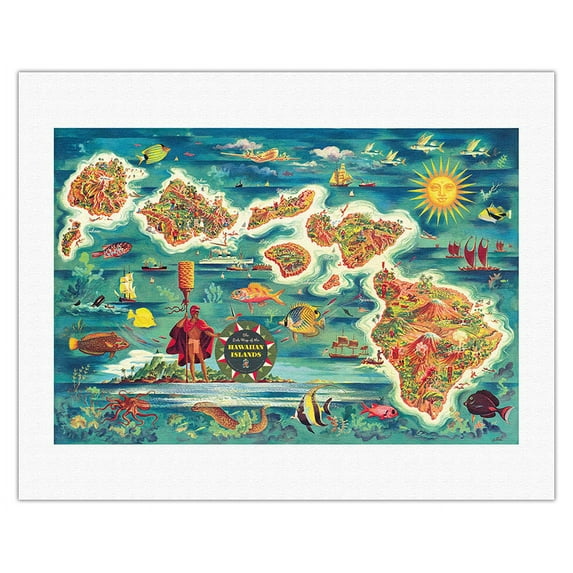 The Dole Map of the Hawaiian Islands - From the Hawaiian Pineapple Company - Vintage Pictorial Map by Joseph Fehér c.1950s - Fine Art Rolled Canvas Print (Unframed) 20in x 26in