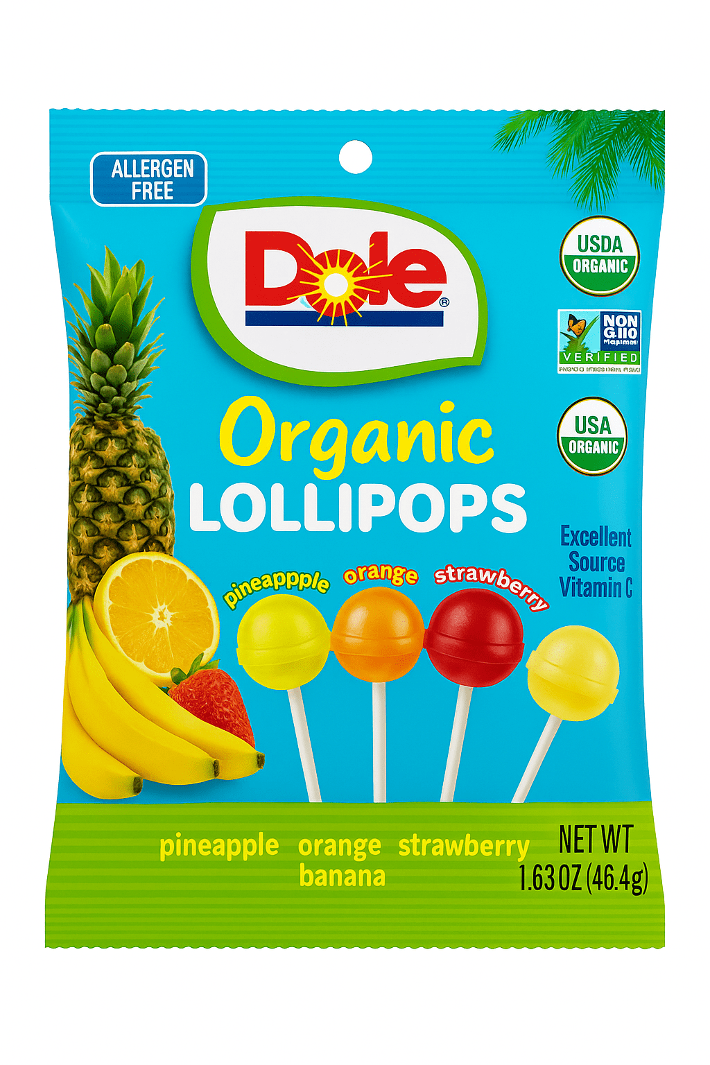 Dole Organic Fruit Lollipops Variety Pack – Pineapple, Orange, Strawberry & Banana Flavors, 1.63 oz Bag, USDA Certified Organic, Gluten-Free, Allergen-Free Candy Treats