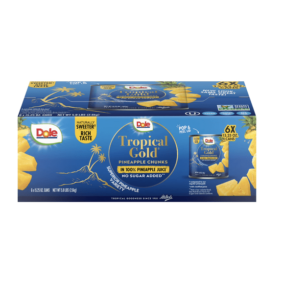 Dole Tropical Gold Pineapple Chunks in 100% Pineapple Juice No Sugar Added Naturally Sweeter 6 Count 15.25 Oz
