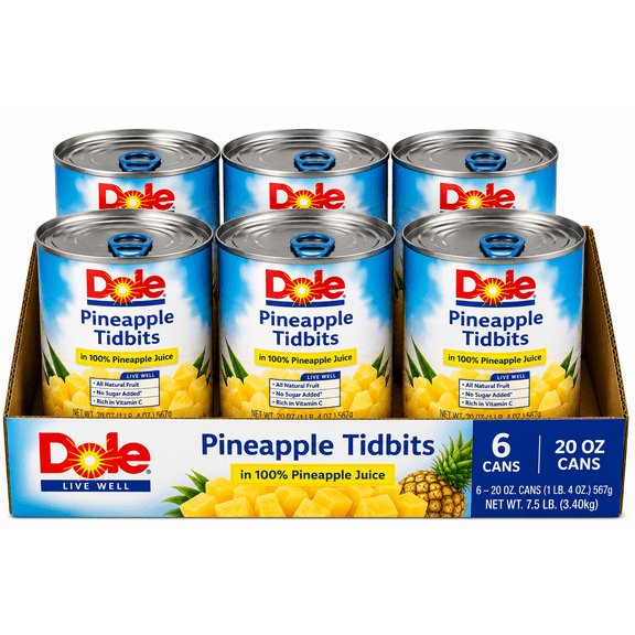 Dole Pineapple Tidbits in 100% Pineapple Juice, 20 oz Cans, 6 Pack