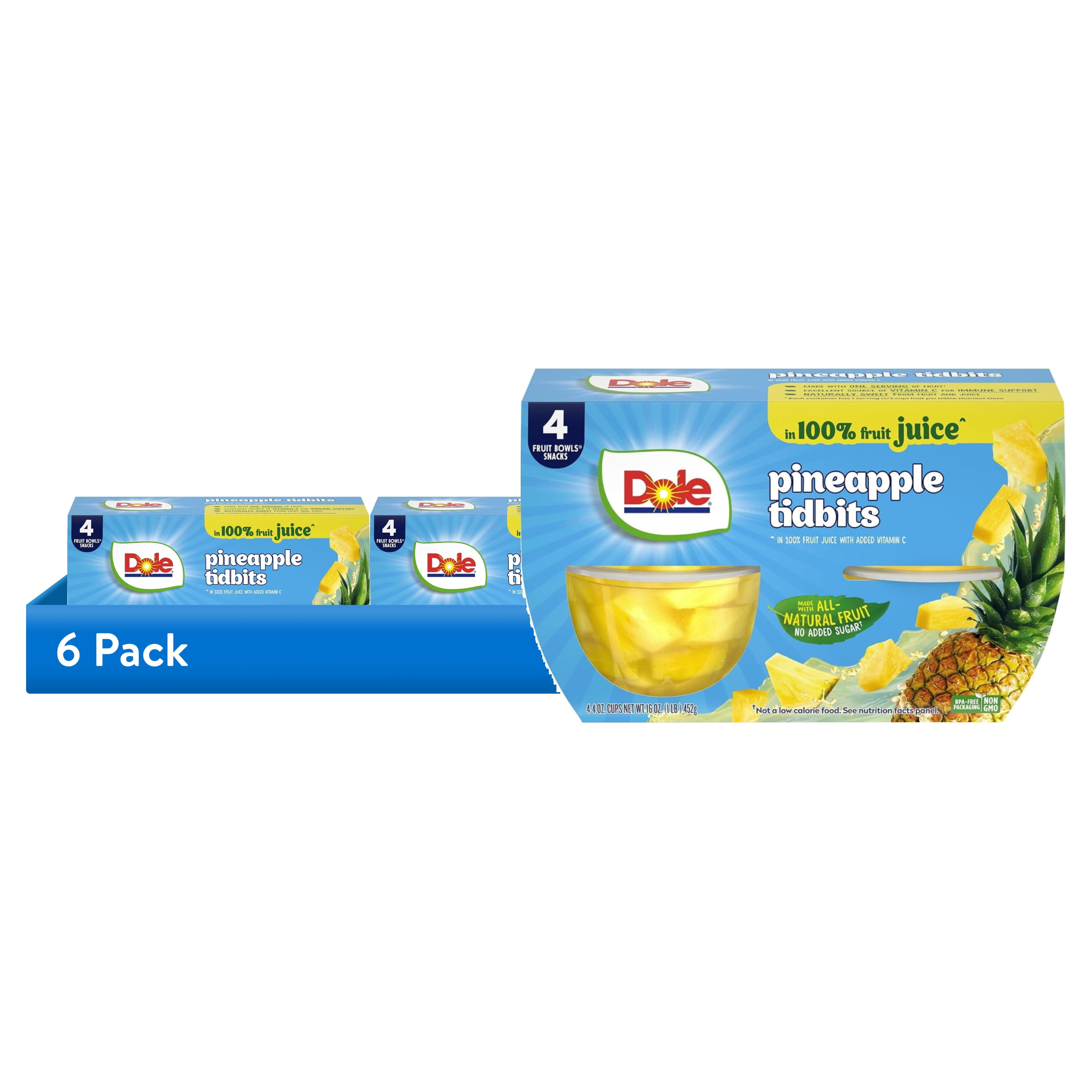 (6 pack) Dole Fruit Bowls Pineapple Tidbits in 100% Fruit Juice, 4 oz Cups (4 Pack)
