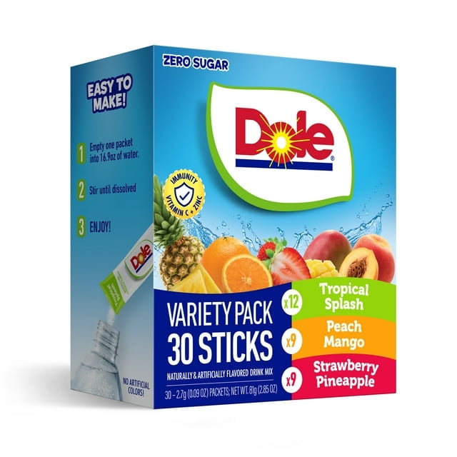 Dole Powder Drink Mix Variety Pack, Tropical, Peach Mango & Strawberry Pineapple, Sugar-Free, 30 Ct,1 pack