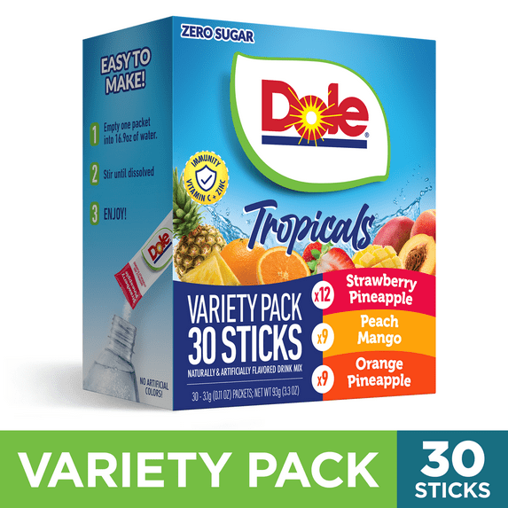 Dole Powder Drink Mix Variety Pack, Tropical, Peach Mango & Strawberry Pineapple, Sugar-Free, 30 Ct