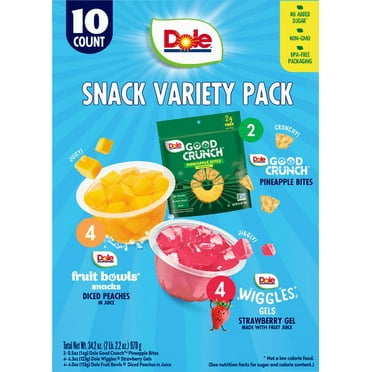 Dole Snack Variety Pack: Good Crunch Pineapple, Strawberry Wiggles Gels, Diced Peach Fruit Bowls, 10 Count