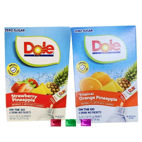 Dole Strawberry Pineapple & Tropical Orange Pineapple Drink Mix, 12 Total Servings 2 Boxes, Low Calorie Zero Sugar Beverage Singles with Snoep in Beperkte Oplage