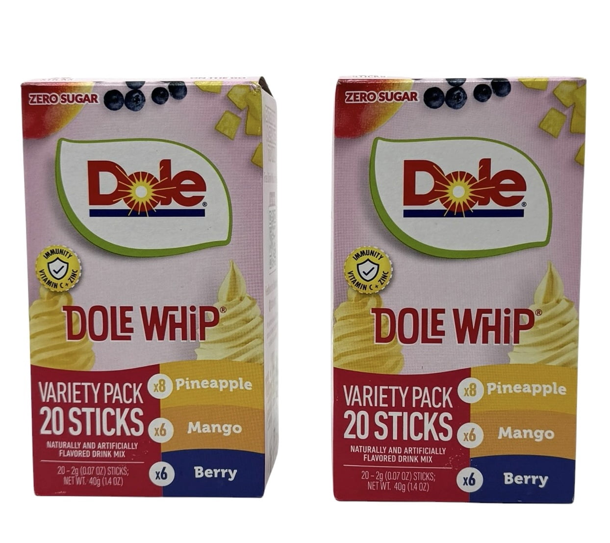 Dole Whip Powder Drink Mix Variety Pack, Pineapple, Mango, & Berry Zero Sugar, 20 Sticks (Pack of 2)