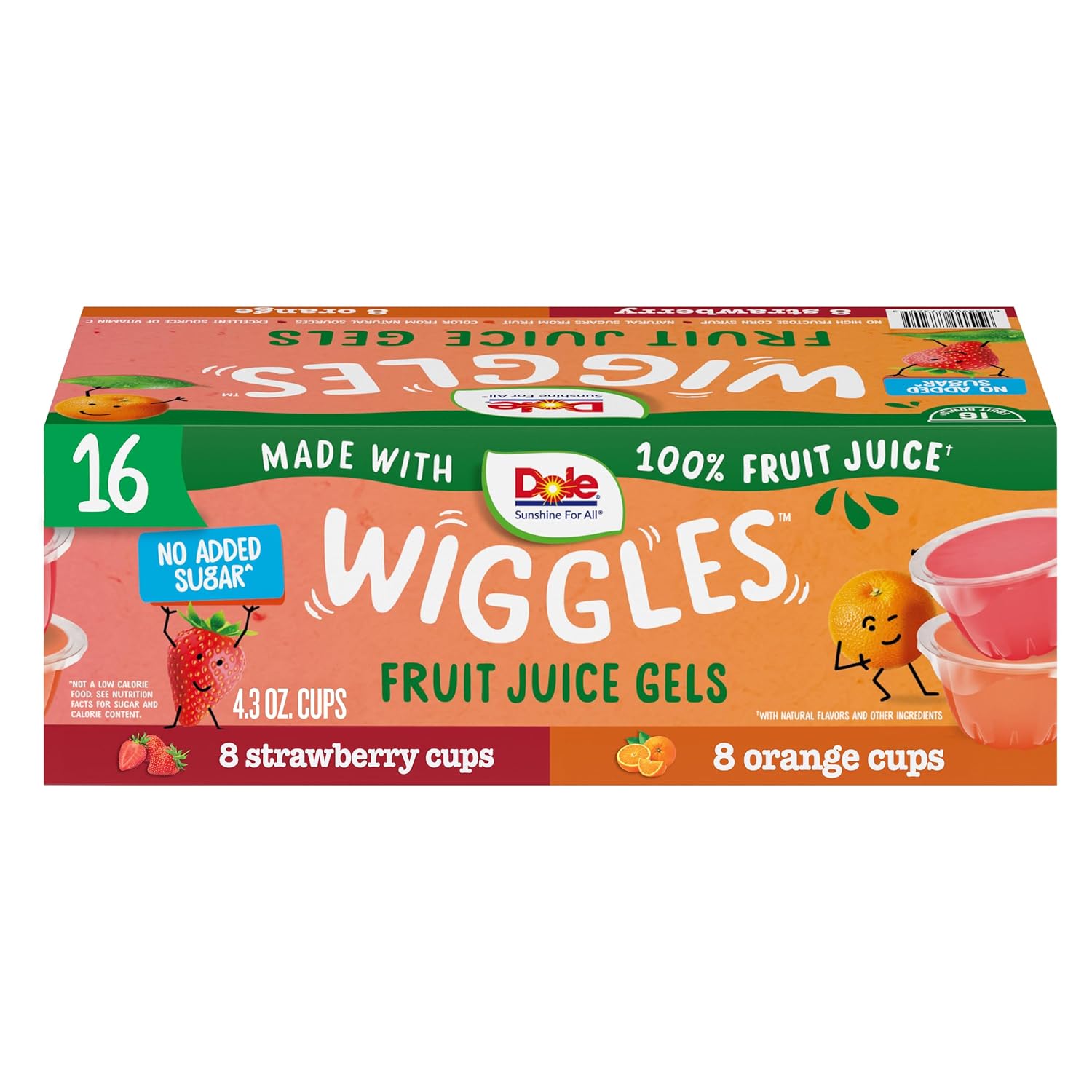 Dole Wiggles No Sugar Added Orange Fruit Juice Gels Snacks, 4.3oz 16 Total Cups, Gluten & Dairy