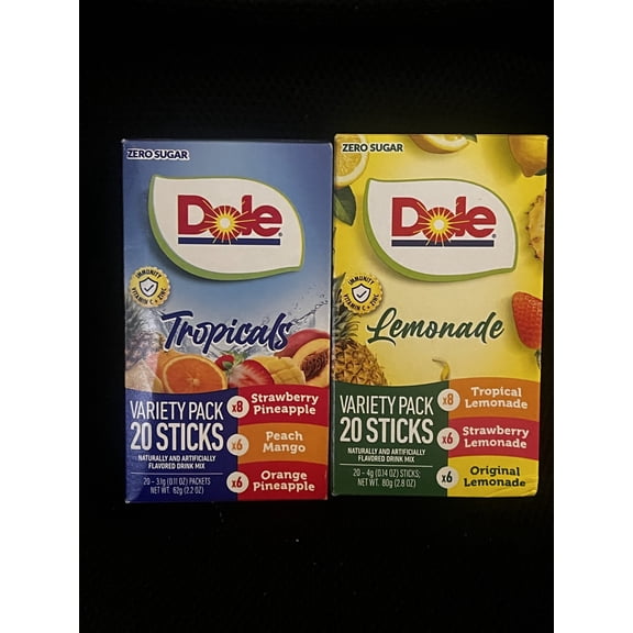 Dole Zero Sugar Drink Mix Variety Pack Bundle, 40 Total Sticks- Lemonade & Tropical Flavors with Vitamin C & Zinc, Strawberry, Peach Mango, Pineapple