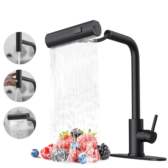 SERABETTO Black Kitchen Faucets with Pull Down Sprayer,Waterfall Kitchen Sink Faucet,3 Modes(Sweep/Stream/Waterfall) Rotary Switch 