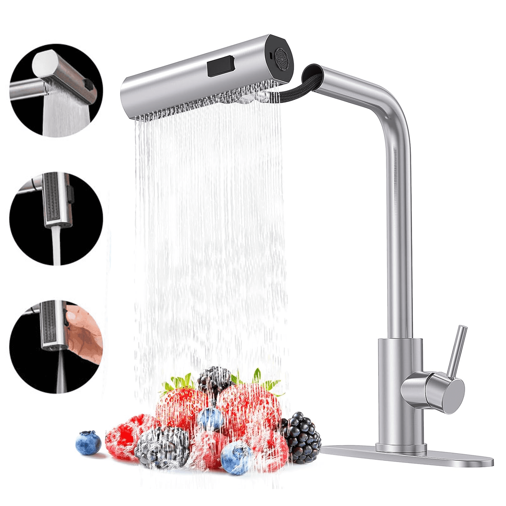 SERABETTO silver Kitchen Faucets with Pull Down Sprayer,Waterfall Kitchen Sink Faucet,3 Modes(Sweep/Stream/Waterfall) Rotary Switch
