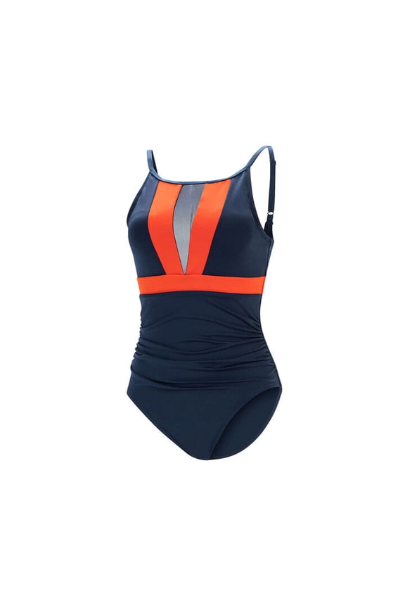 Women's Color Block Moderate Boat Neck 1-Piece Navy/Pop Orange 22