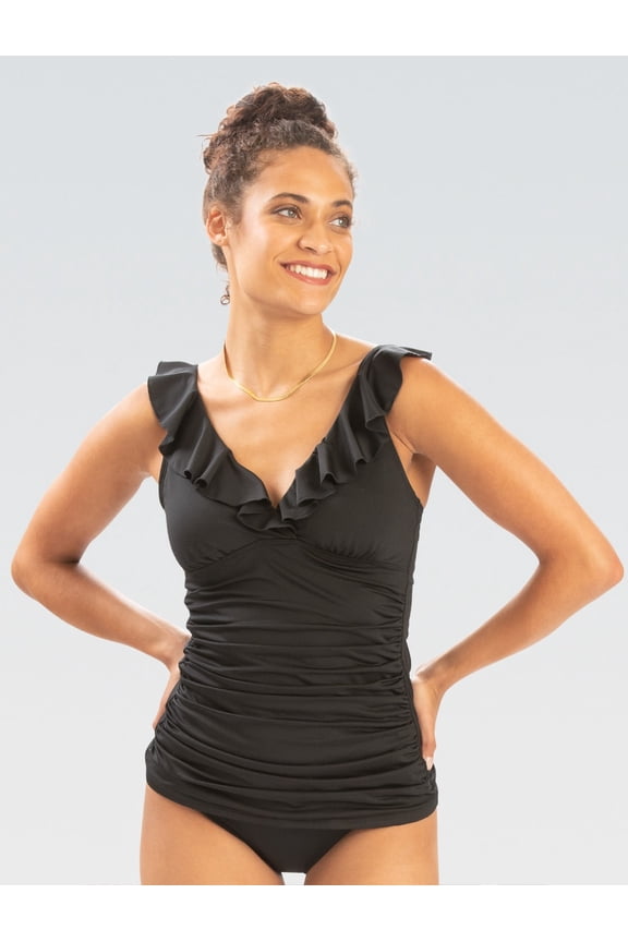 Women's Solid Ruffle Surplice Tankini Top Black M