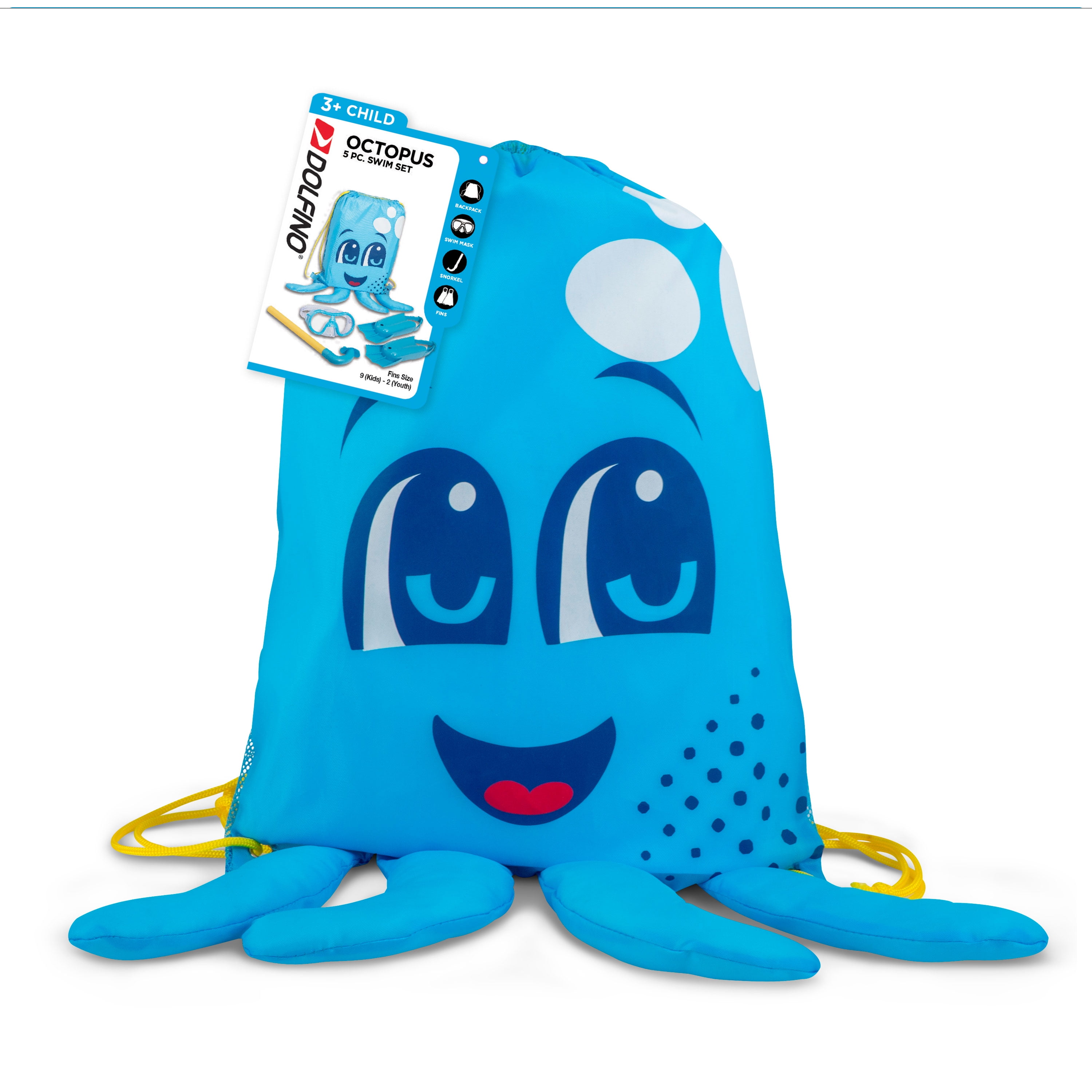 Dolfino 5-Piece Kids Snorkle Set, Blue Octopus Storage Bag Included, Hypoallergenic and Latex-Free, Blue, Unisex