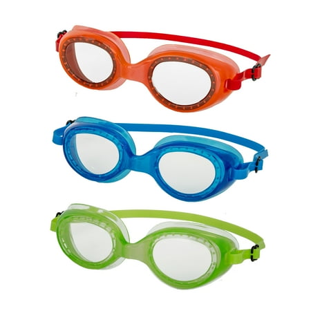 Aqua Dolfino Youth Swim Goggles with Silicone Strap and UV Protection for Children, Multi-Color (3 Pack)