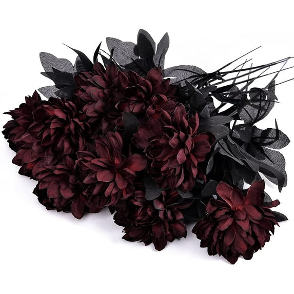 Dolicer 10 Pcs 16 Inch Halloween Decor Silk Dahlias Stems Artificial Flowers, Faux Halloween Flowers Arrangements Fall Decorations
