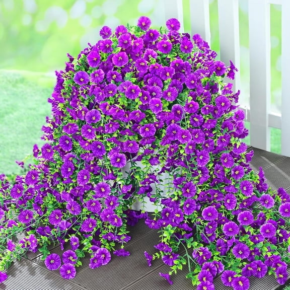 Lyacmy 2 Pcs Artificial Hanging Flowers for Outdoor Spring Decor, UV Resistant Fake Flower Morning Glory for Outdoor Garden Porch Patio Wedding Decor,Purple