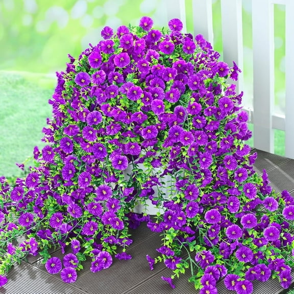 Lyacmy 2 Pcs Artificial Hanging Flowers for Outdoor Spring Decor, UV Resistant Fake Flower Morning Glory for Outdoor Garden Porch Patio Wedding Decor,Purple