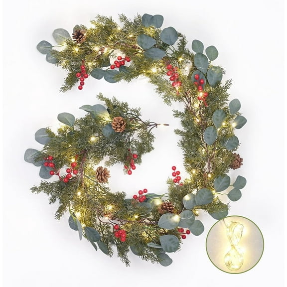 Dolicer 5.7 Ft Cypress Christmas Garland with Lights Christmas Decorations, Artificial Eucalyptus Garland for Indoor Outdoor