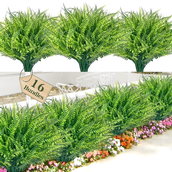 Lyacmy 16Pcs Artificial Flowers for Outdoor Fake Boston Ferns Faux Plants UV Resistant Home Decor