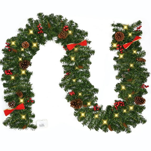 Dolicer 8.86FT Pre-lit Christmas Garlands for Indoor Outdoor Christmas Decoration, Green Xmas Garland with Red Berries Pine Cones