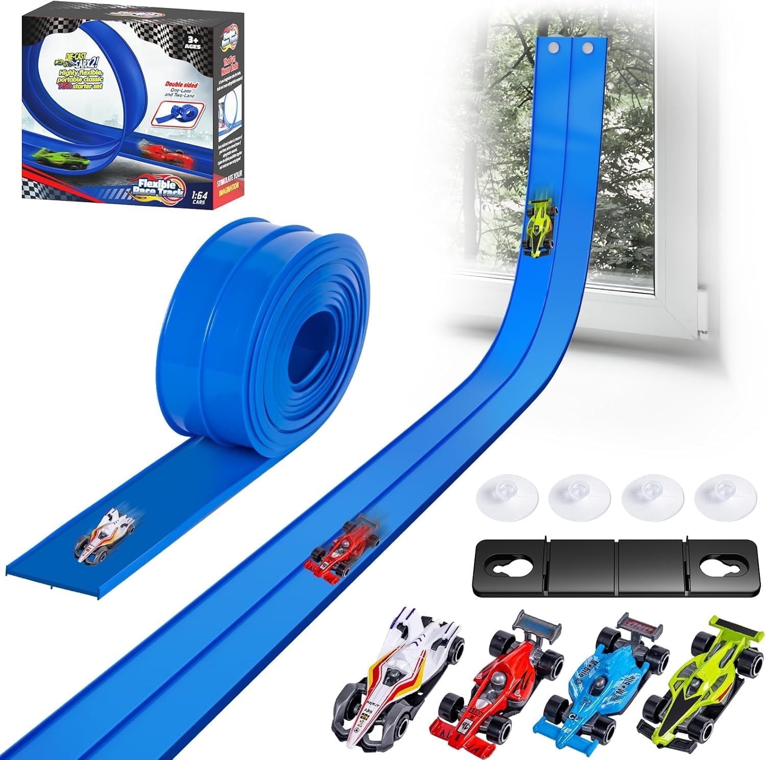 Track Racer Kids LC-dolida Flexible Race Car Track for Kids, 13.3FT Double Sided ...