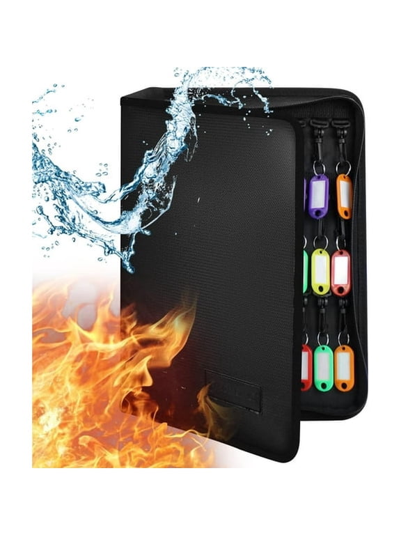 Zippered Key Case Fireproof Waterproof UL94V0 Certified, 36 Key Hooks with Tags, Portable Handle Design for Office, Rental Management, Home Storage (Black)