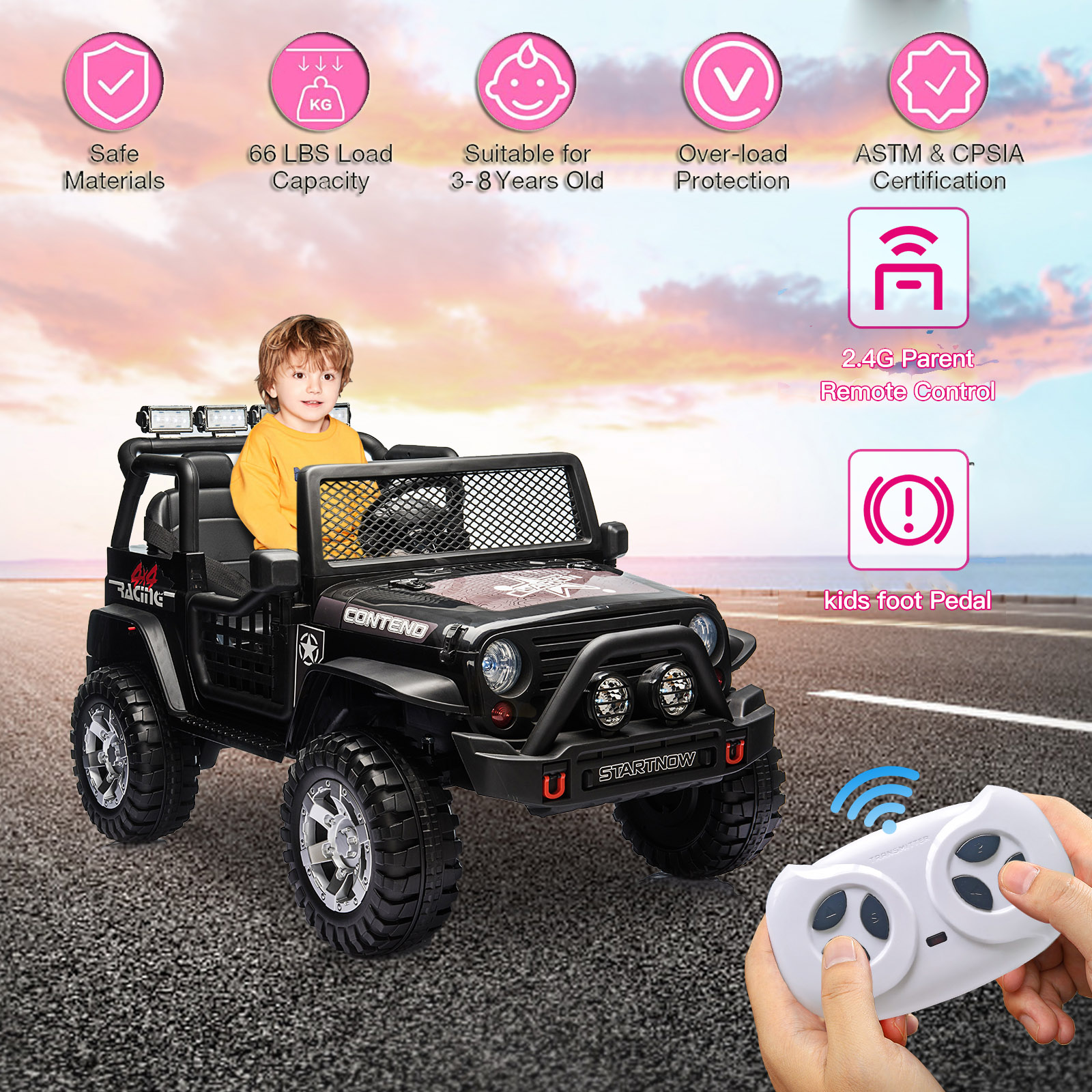 Dolift 12V Kids 2 Seater Ride On Jeep with Dual Motors, LED Lights, MP3