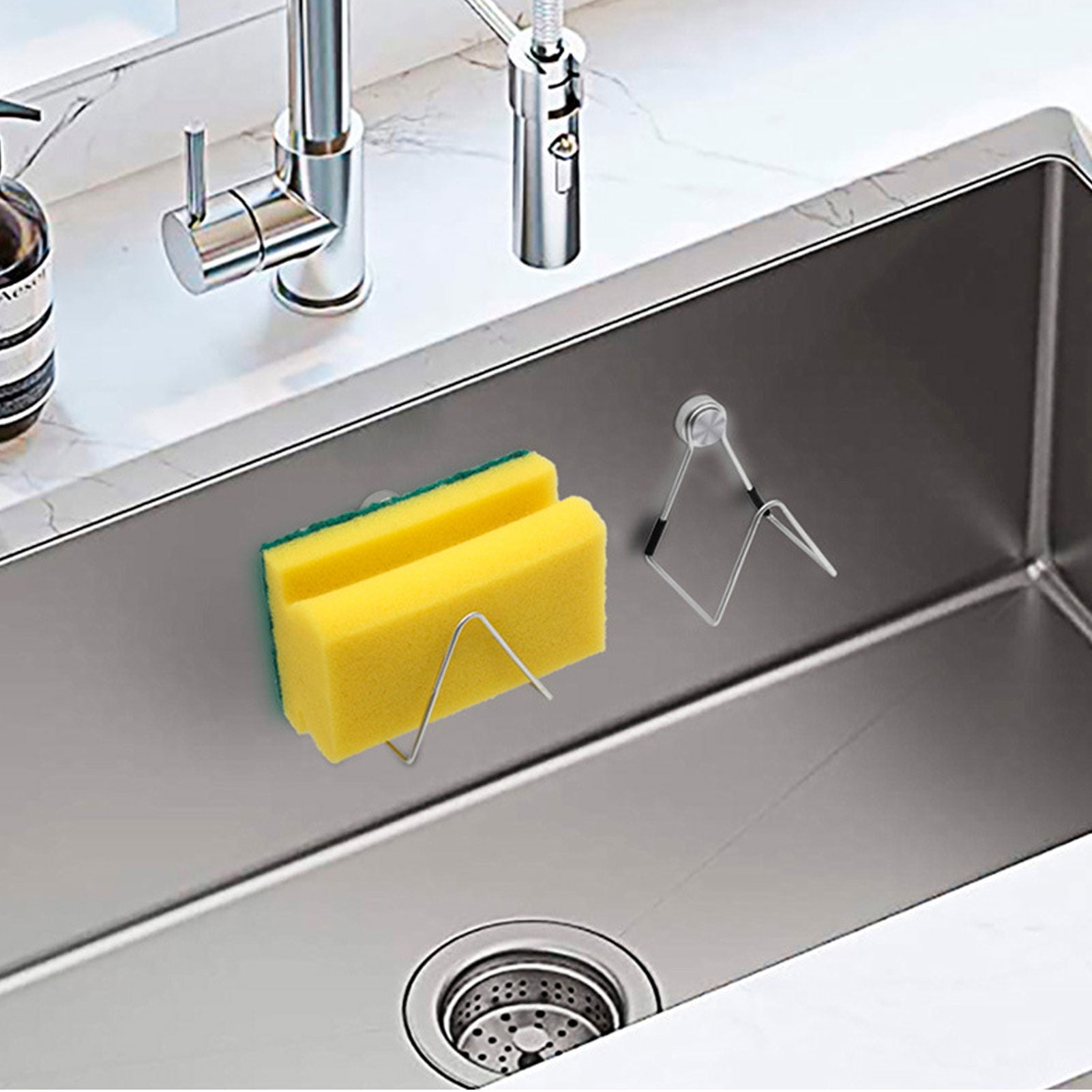 Prudiut 2 PCS Adhesive Sponge Holder for Kitchen Sink, Stainless Steel  Sponge Holder Sink Caddy Waterproof Kitchen Sink Sponge Holder Quick Drying