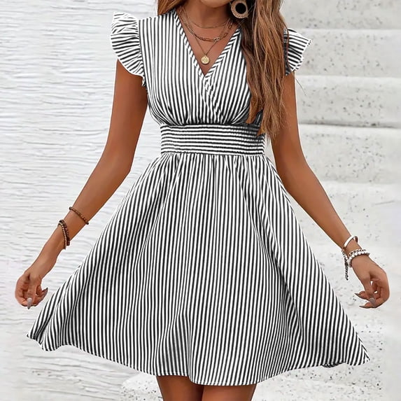 Dolkfu 1/4 Sleeve Summer Fall Dresses For Women V-Neck Black French Style Mini Faux-Wrap Dresses Patchwork Regular Flowy Striped Dresses Black,L