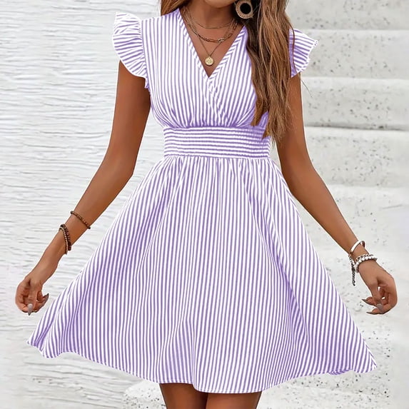 Dolkfu 1/4 Sleeve Womens Summer Fall Dresses V-Neck Purple French Style Mini Faux-Wrap Dresses Flowy Regular Patchwork Striped Dresses Purple,L